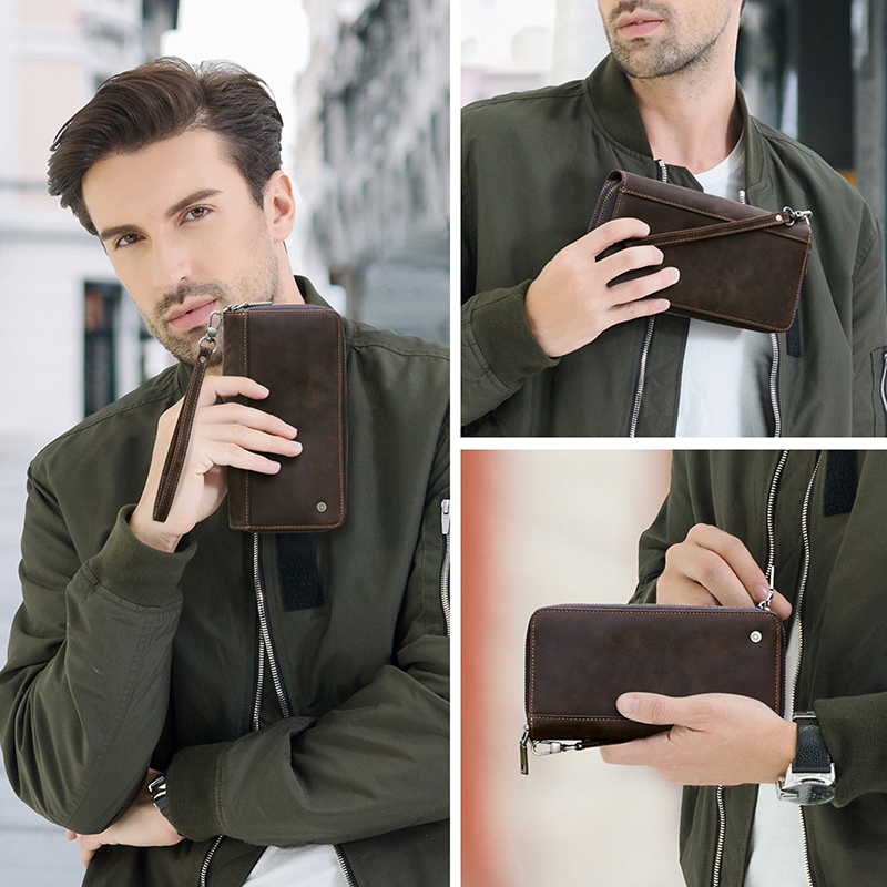 CONTACT'S Genuine Leather Clutch Wallets For Men Long Vintage Zipper Handbags Coin Purses Card Holders Money Clip Men's Wallets
