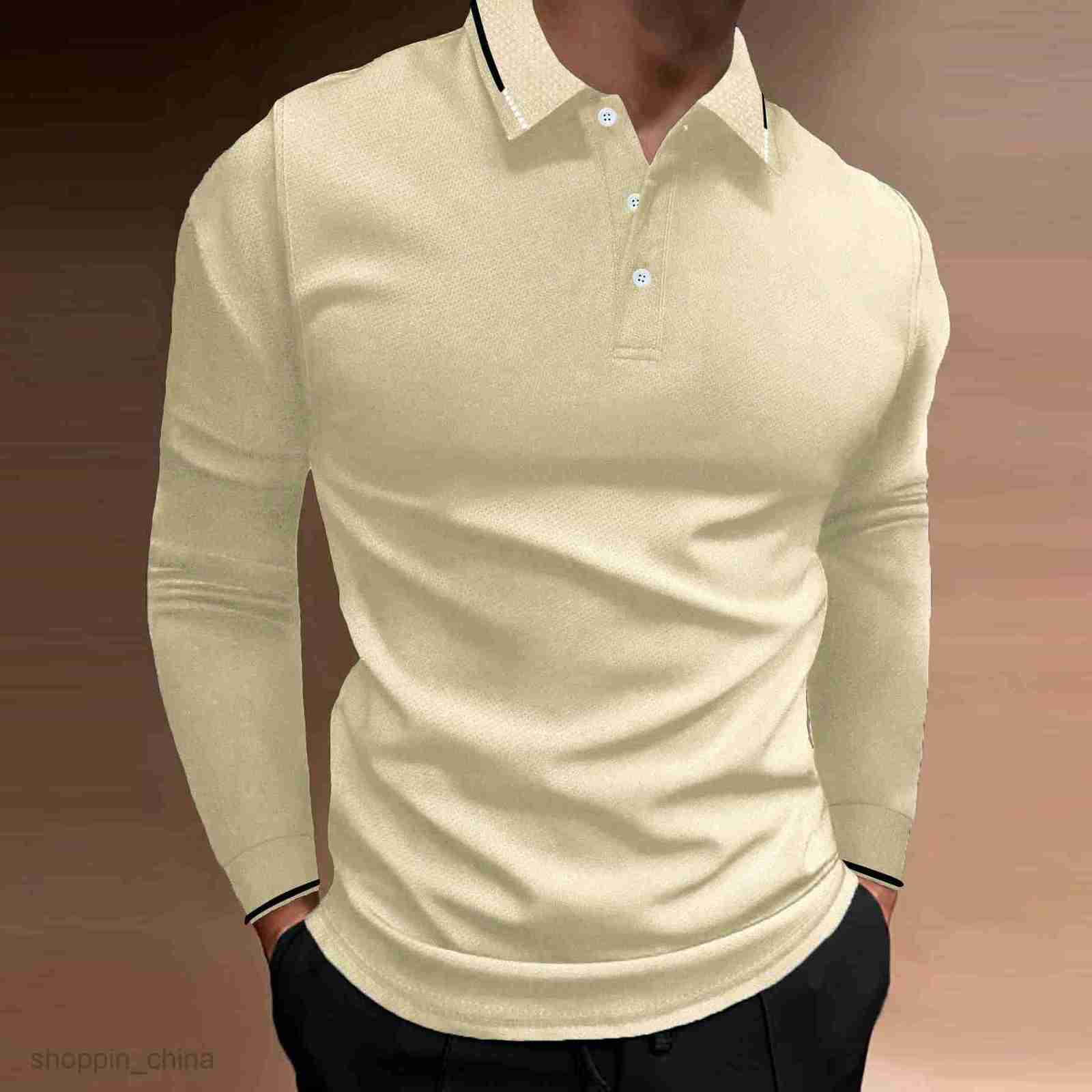Men's Polos Shirts Male autumn sports fitness leisure collar vertical stripe long sleeved POLO tops