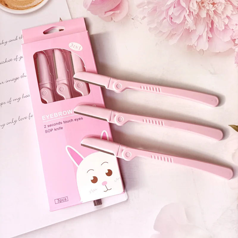 3PcsSet Pink Folding Eyebrow Trimmer Armpit Hair Razor Beauty Face Eye Shaper Shaver Stainless Steel Blades Makeup Tools 240621