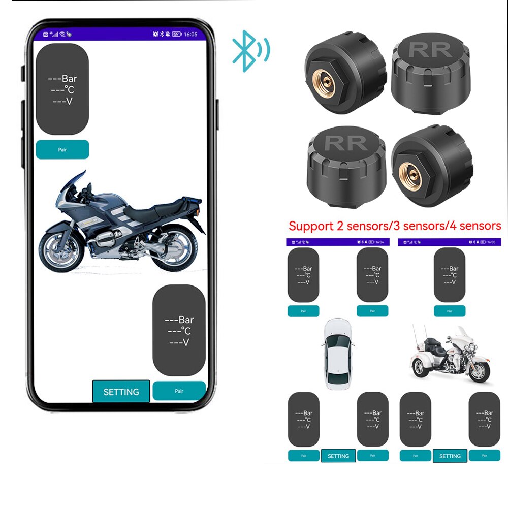 Car TPMS Tire Pressure Monitoring System Bluetooth 5.0 Mobile Phone Display Motorcycle Car Tyre Pressure Sensor for LOS Android