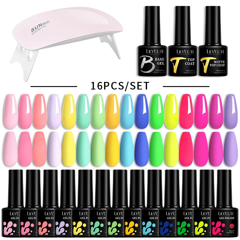 LILYCUTE 7ML Gel Nail Polish Set Glitter Nail Gel Kit With 6W UV Lamp DIY Manicure Soak Off Base Matte Top Coat Nail Art Gel 240621