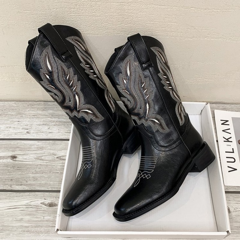Women's Embroidered New Motorcycle Boots With Western Cowboy Style - V-Neck, Square Toe, Thick Hot Heel, 2024 Trend