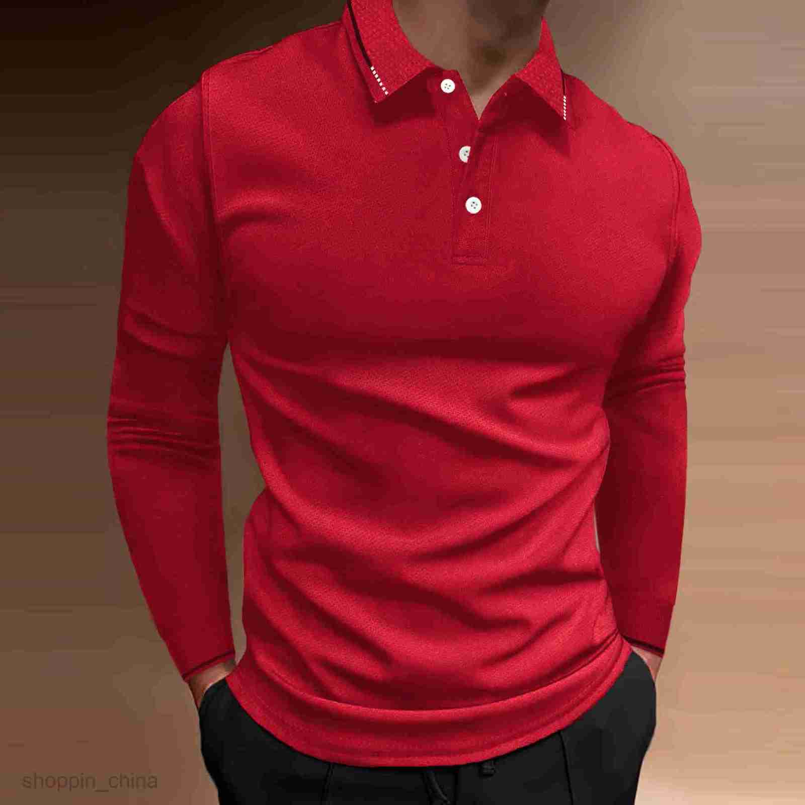 Men's Polos Shirts Male autumn sports fitness leisure collar vertical stripe long sleeved POLO tops
