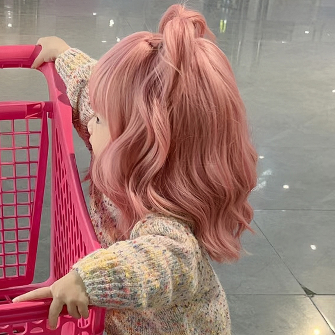 Children's Wig Girl Pink Medium Length Curly Hair Baby Bubble Face Hairstyle Baby Cute Reborn Doll Accessories Kids Head Cover