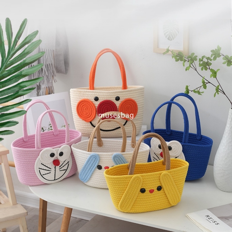 Advanced Women's Designer Cartoon Shaped Woven Large Capacity Handbag Stupid Cute Lightweight Practical Woven Bag for Daily Travel Cotton Rope Ba