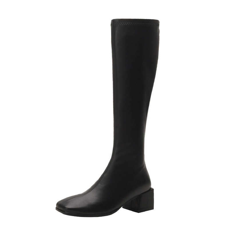 boots genuine long for women black/white leather winter plush knee high bottine femme square toe cowhide slim booties a716