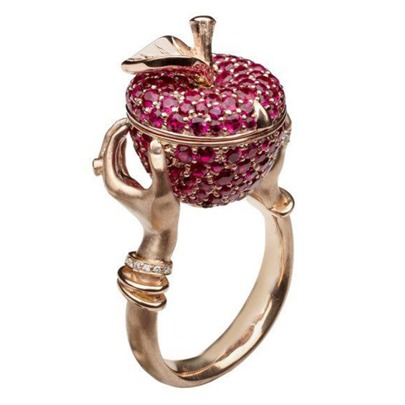 Luxury Crystal Apple Wedding Ring Unisex Punk Hip Hop Secret Compartment Rings for Women Men Anniversary Gift Jewelry