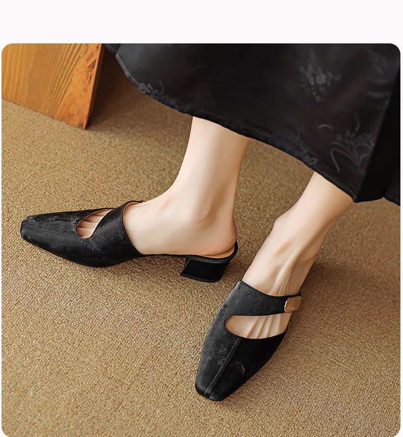 Chinese Style Baotou Half Slippers For Women New Summer Square Headed One Step Thick Heel Sandals With Hollow Embroidered High Heels Ddmysheep Ddmyshe