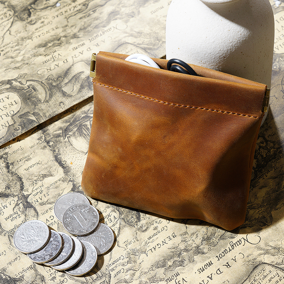 Genuine Leather Small Coin Purse Automatic Closure Card Holder Retro Storage Bag Crazy Horse Leather Key Case Wholesale