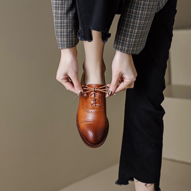Women NEW Oxfords Spring/Fall Shoes for Woman Genuine Leather Brogues Vintage Lace up Loafers casual Handmade New Black Girls shoes ca22