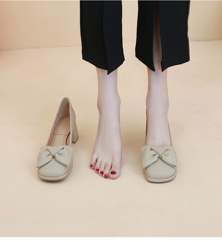 Bow square head shallow cut single shoes women thick heels Mary Jane women's shoes fashion women's small leather shoes