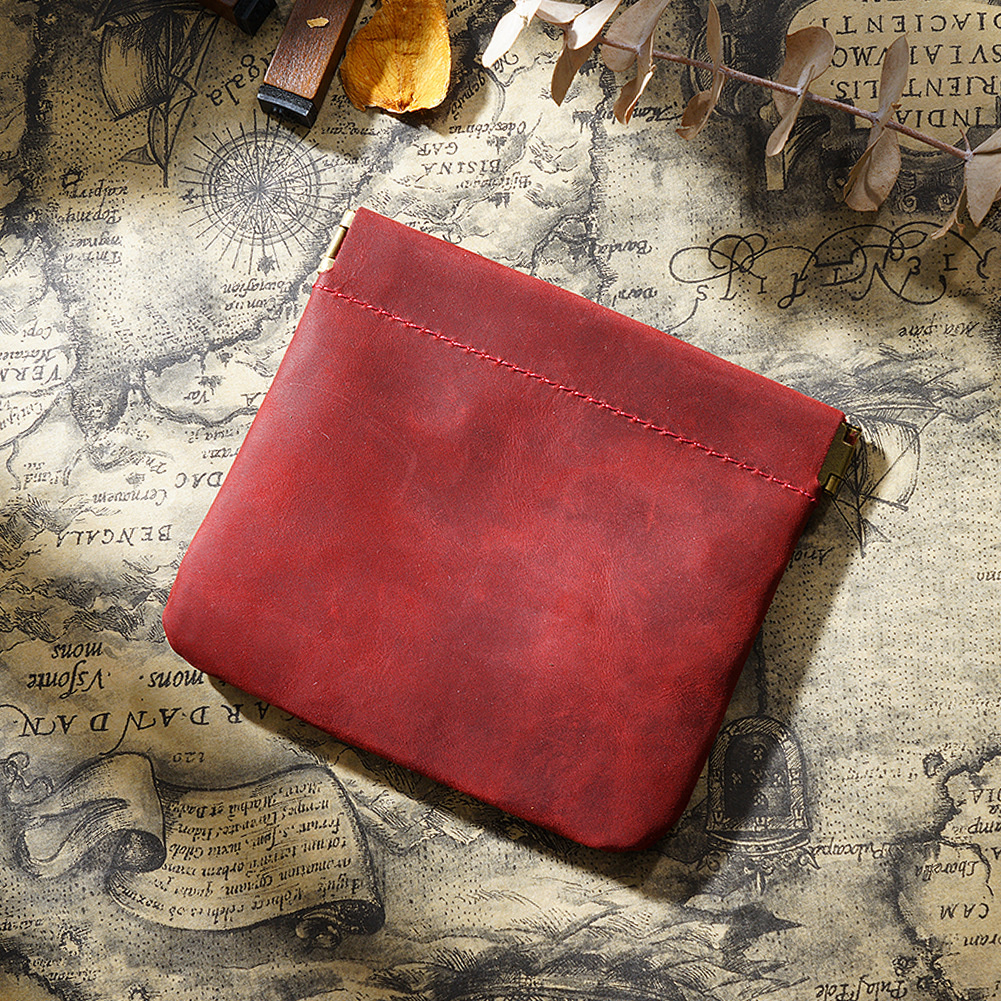 Genuine Leather Small Coin Purse Automatic Closure Card Holder Retro Storage Bag Crazy Horse Leather Key Case Wholesale