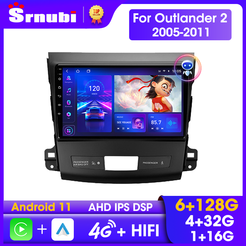 Srnubi 2 din Android 11 Carplay Car Radio for Mitsubishi Outlander 2 2005-2011 Multimedia Player 2Din Stereo DVD GPS Head Unit