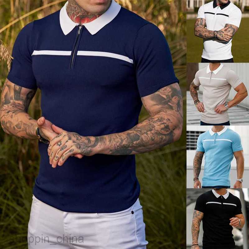 Men's Polos Shirts size new Male slim fit color blocking stand up collar casual vertical stripe short sleeved youth men top tops