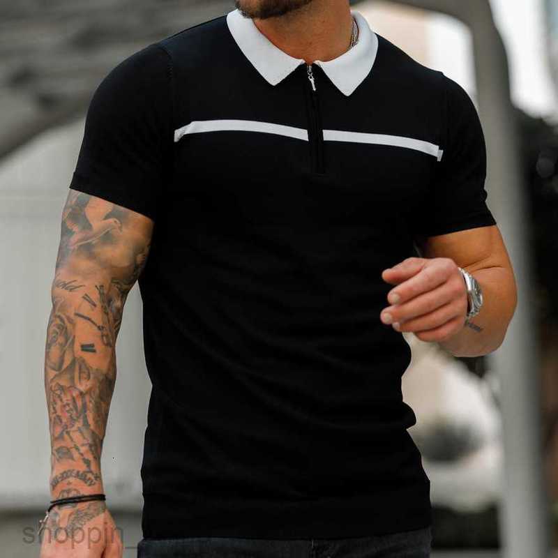 Men's Polos Shirts size new Male slim fit color blocking stand up collar casual vertical stripe short sleeved youth men top tops
