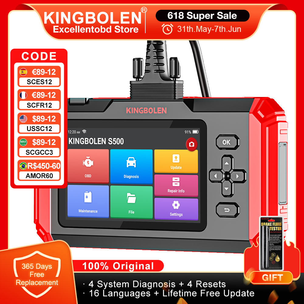 KINGBOLEN S500 4 Systems Car Diagnostic Tool Lifetime Free Update 4 Resets Oil Brake SAS ETS OBD2 Scanner ABS SRS ECM TCM