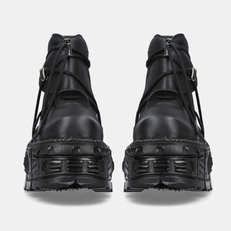 2025 Style Leather Women's Punk Shoes Lace-up Heel Height Platform Female Gothic Ankle Boots PU Metal Decor Thick Bottom Sneakers