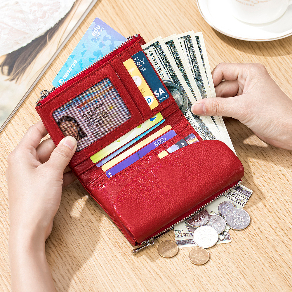 Coin Purse Genuine Cow Leather Short Wallet Trifold for Small Women's Purses Clutch Cowhide Card Holder Travel Card Wallets