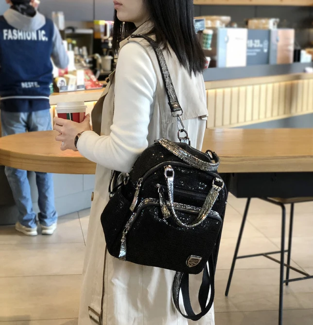 Mesh Iridescent Sparkle Shiny Paillette Convertible Backpack Handbag 2024 Big Capacity Multi Pockets Work Black Short Handle Bag