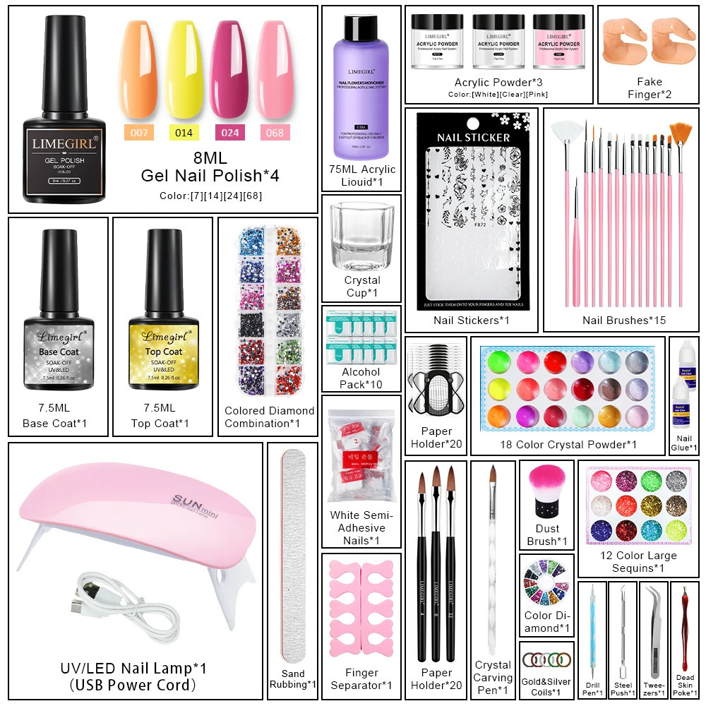 Acrylic nail art professional set glitter full set nail art nail art liquid decoration Crystal Brush beginner tips professional 240621