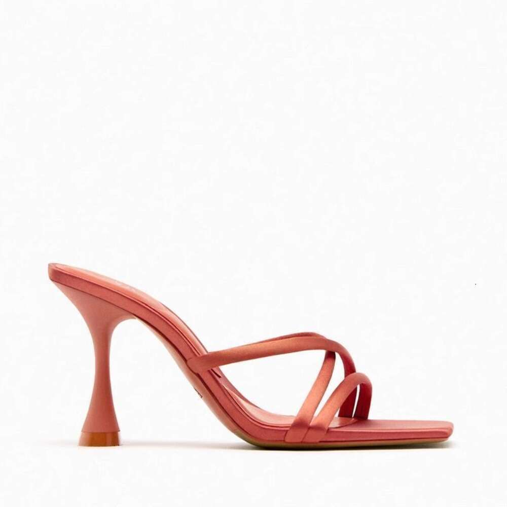 New Product Women's Shoes Coral Red Cross Ribbon High Heel With Satin Texture Square Headed Outward Wearing Sandals