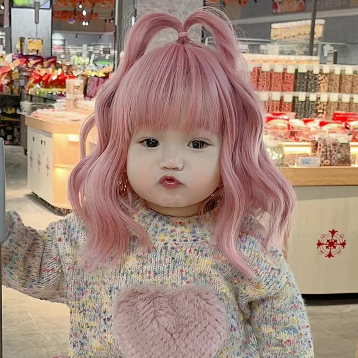Children's Wig Girl Pink Medium Length Curly Hair Baby Bubble Face Hairstyle Baby Cute Reborn Doll Accessories Kids Head Cover