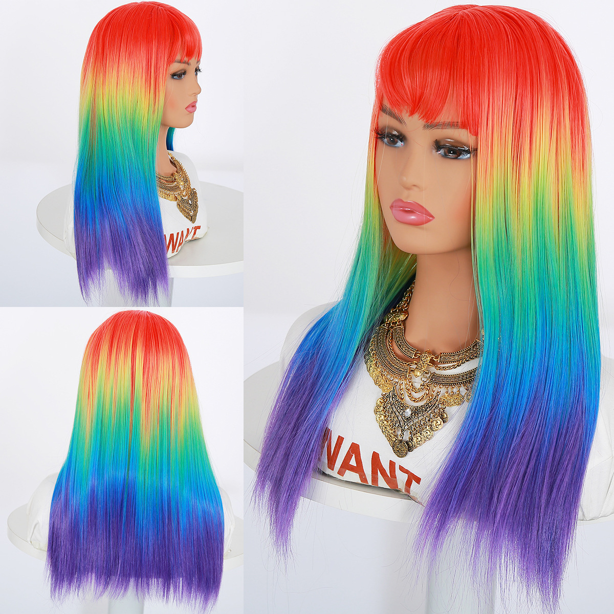 Similler Long Women Synthetic Colored Wig Straight Hair Heat Resistance Ombre Rainbow Cosplay Wig with Bangs