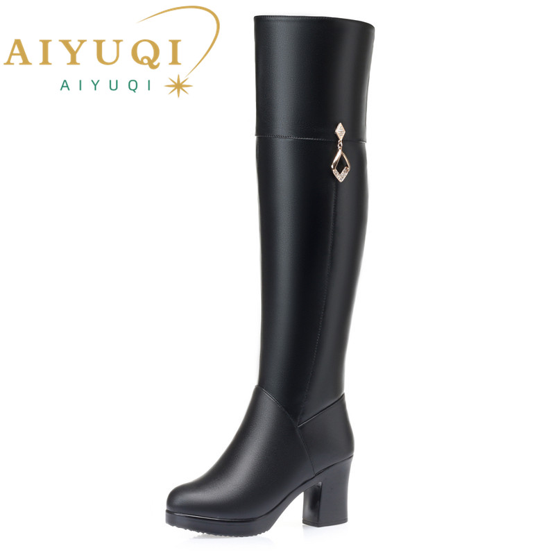 AIYUQI Women's Over The Knee Boots Natural Wool Genuine Leather Women Winter Boots Warm High-heel Women Motorcycle Boots