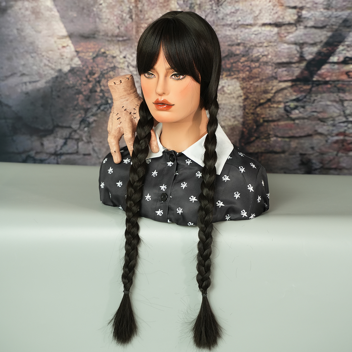 7JHH WIGS Long Black Braids Wig with Bangs Braid Cosplay Wig Halloween Costume Party Wigs Synthetic Hair Wig for Girls