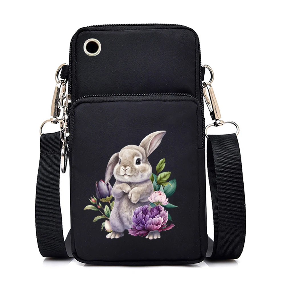 Cute Bunny Print Purses and Handbags Female Mini Mobile Phone Bag Vintage Floral Zipper Crossbody Bag Women Shoulder Bags