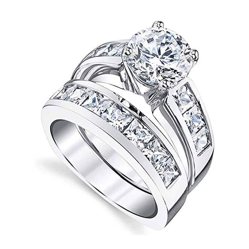 Sterg Sier Couple Wedding Rings: Elegant Bridal Set with Round Cut White Topaz CZ Dias