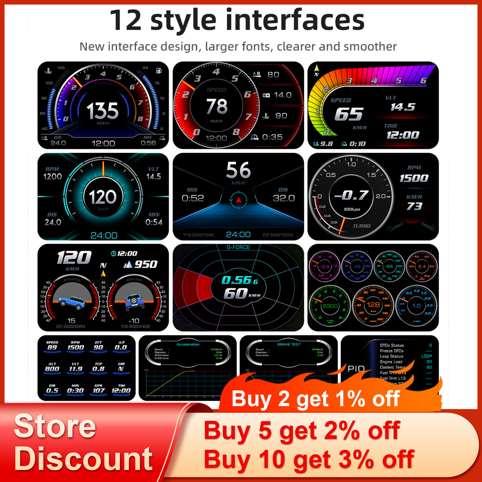 AD P24 HUD Accelerated Test Speedometer Tachometer RPM Gauge Voltmeter 10 Alarm Functions Car Head Up Display OBD GPS System