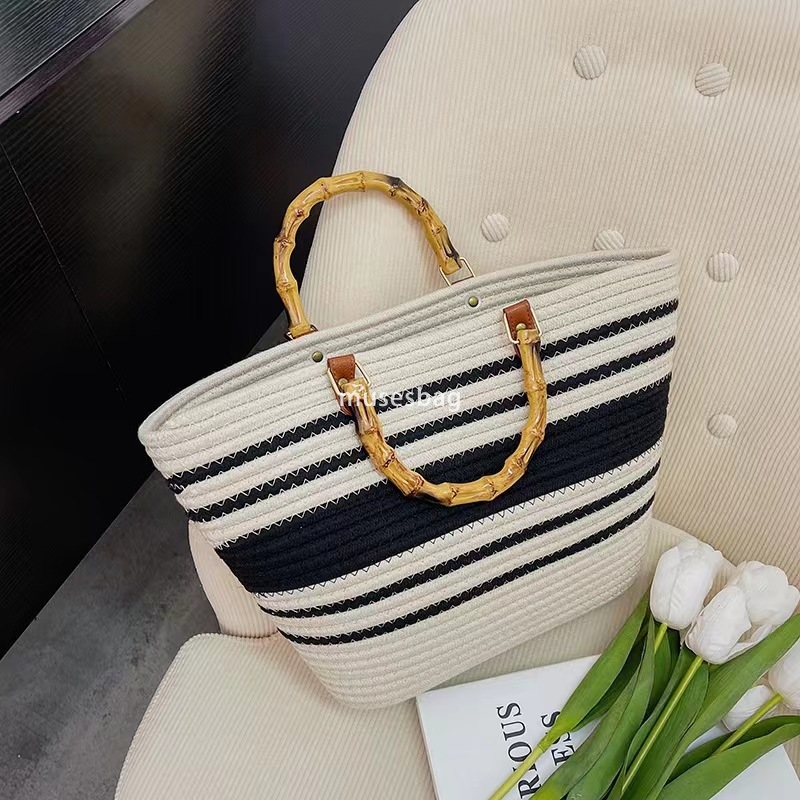 Elegant Women High end Practical Popular Weaving New Fashionable and Versatile Tote Bag Spliced One Shoulder Large Capacity Bamboo Knot Handheld Bag