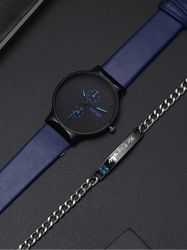 2pcs MEN'S Fashionable and Minimalist MEN'S Blue Belt Quartz Watch+bracelet Set