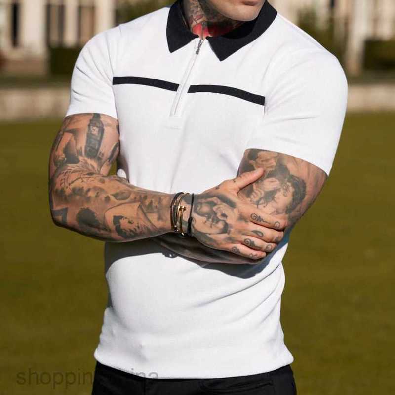 Men's Polos Shirts size new Male slim fit color blocking stand up collar casual vertical stripe short sleeved youth men top tops