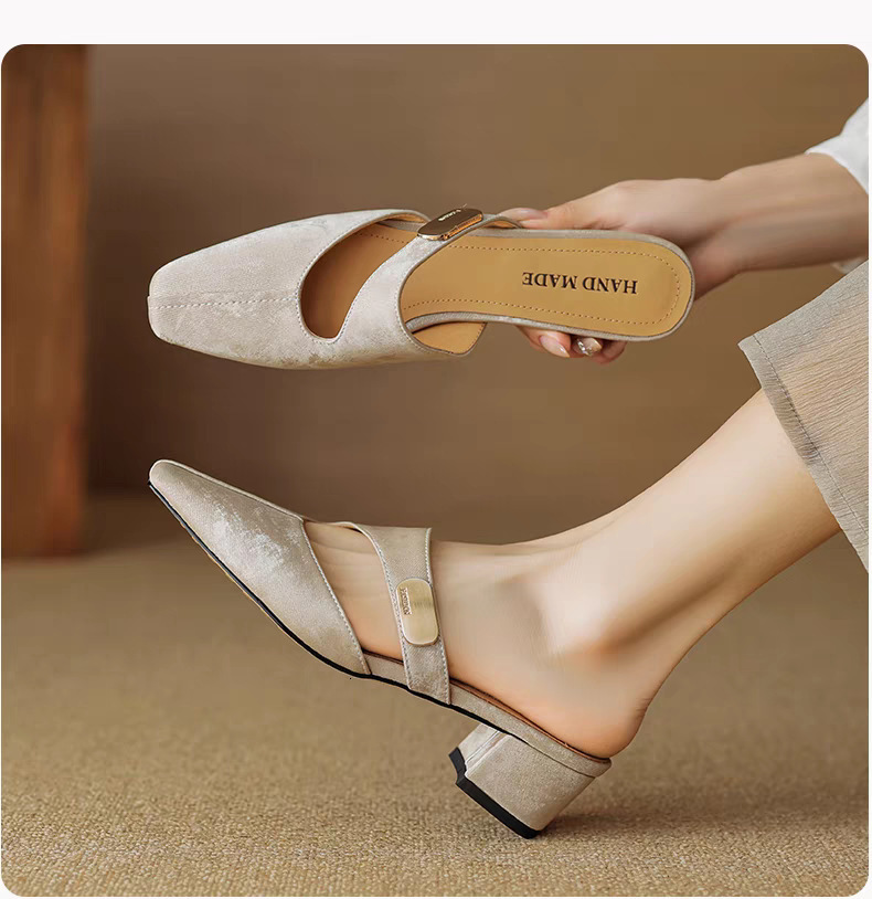 Chinese Style Baotou Half Slippers For Women New Summer Square Headed One Step Thick Heel Sandals With Hollow Embroidered High Heels Ddmysheep Ddmyshe