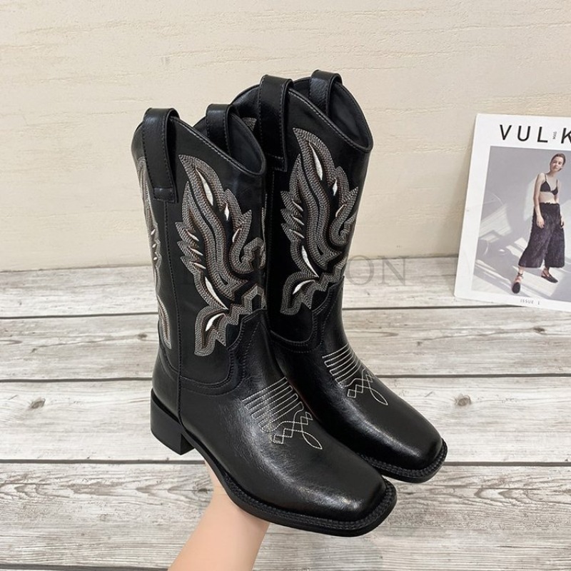 Women's Embroidered New Motorcycle Boots With Western Cowboy Style - V-Neck, Square Toe, Thick Hot Heel, 2024 Trend