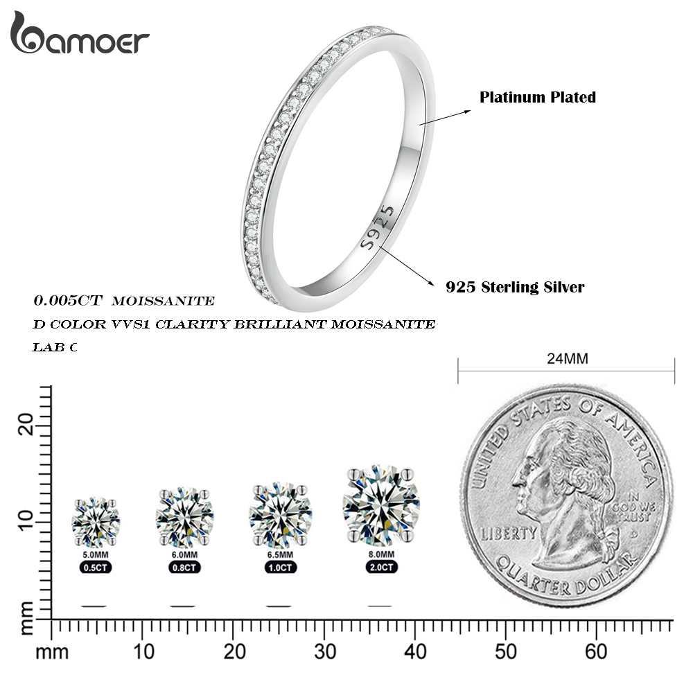 BAMOER Moissanite Wedding Band 925 Sterling Silver Eternity Rings Platinum Plated Lab Created Diamond Stackable Ring for Women