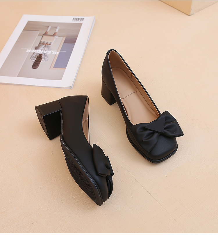 Bow square head shallow cut single shoes women thick heels Mary Jane women's shoes fashion women's small leather shoes