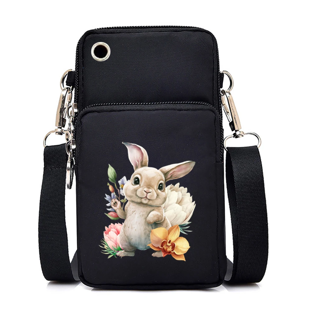 Cute Bunny Print Purses and Handbags Female Mini Mobile Phone Bag Vintage Floral Zipper Crossbody Bag Women Shoulder Bags