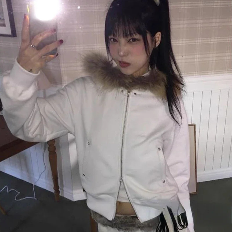 Fairy Fur Patchwork Fashion Sweatshirts Vintage Grunge All Match Womens Coats Double Zippers Casual Hoodies Y K Aesthetic Femme