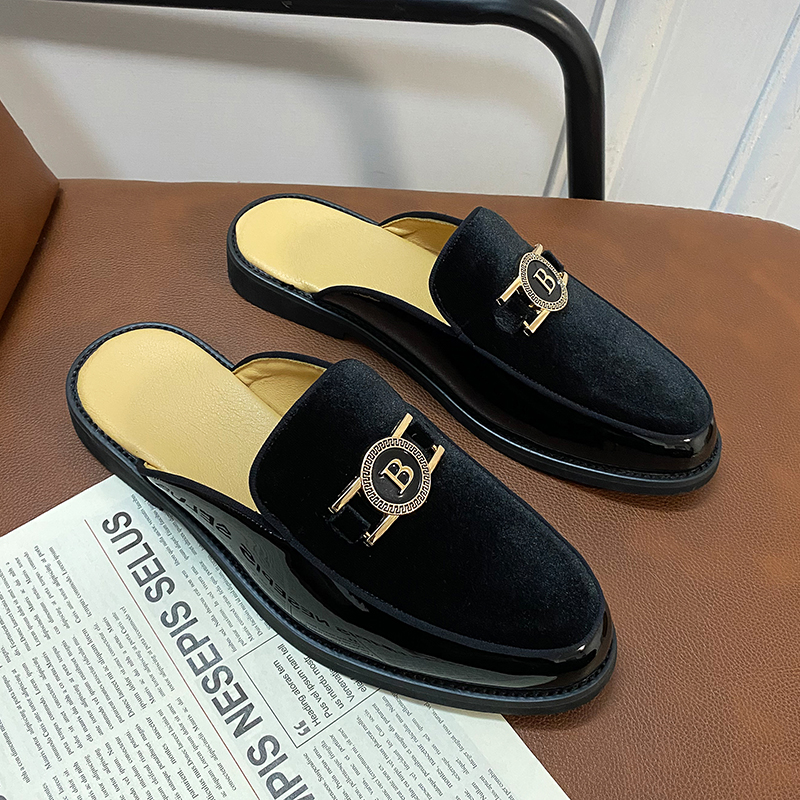 Designer Brand Leather Black Mens Lazy Half For Men Slides Mules Casual Shoes Fashion Sandals Loafers Slippers 2024