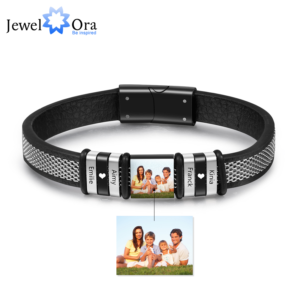 Personalize Men Photo Bracelets with Beads Family 1-4 Kids Child Names Charm Bangle Black Jewelry Gift for Father Dad Grandpa