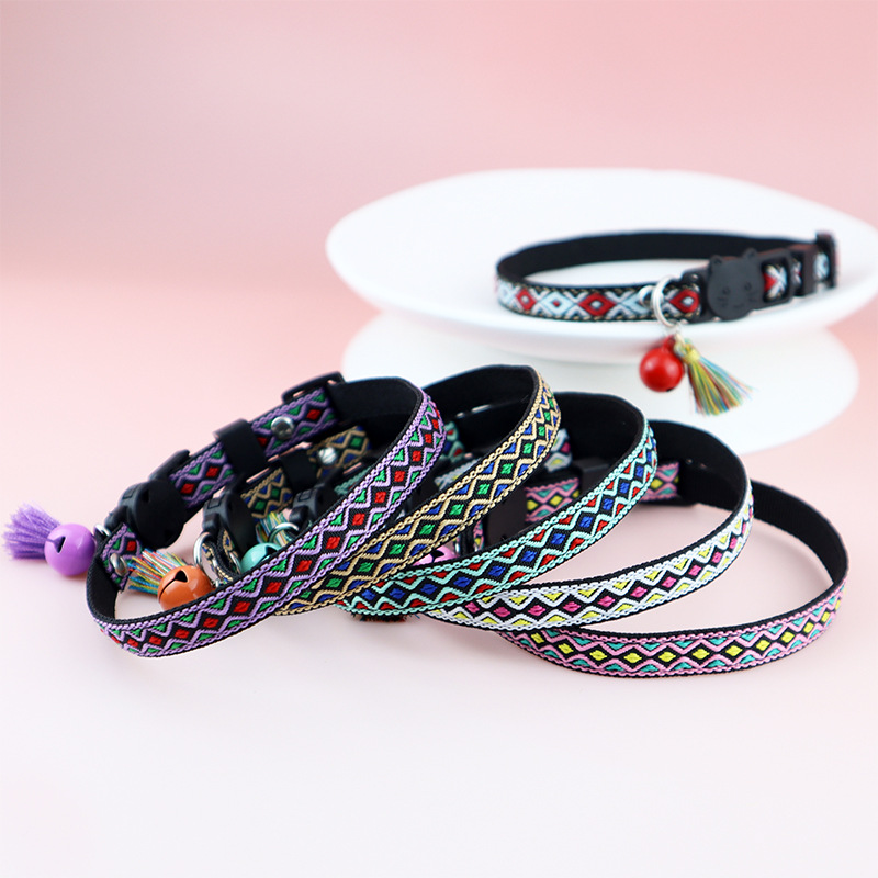 Pet Cat Collar Bell Tassel Colorful Rhombus Ethnic Style Pet Collar Adjustable Cat Collars for Kitten and Puppy Pet Accessories
