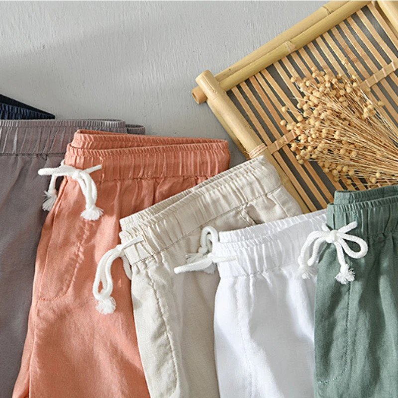 Summer Simple 100% Linen Shorts for Men Clothing Solid Color Streetwear Pants B8103 240619