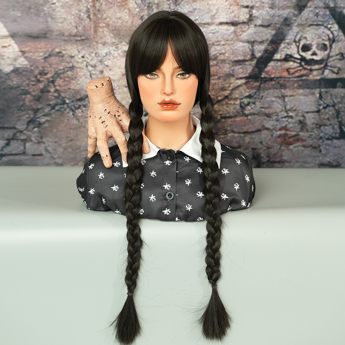 7JHH WIGS Long Black Braids Wig with Bangs Braid Cosplay Wig Halloween Costume Party Wigs Synthetic Hair Wig for Girls