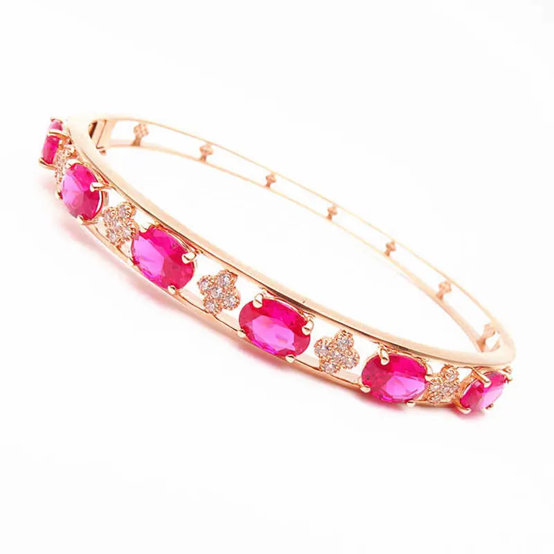 Designer creativity 585 Purple Gold Luxury Ruby flower Bracelet for Women Plated 14K Rose Gold Wedding Bangles Banquet Jewelry