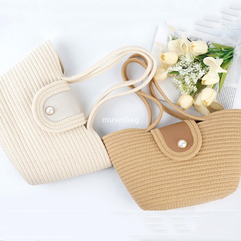 High Quality Women's Designer Classic and Practical Large Capacity Cotton Rope Bag Retro Handheld Vegetable Basket Bag New Island Photo Beach One