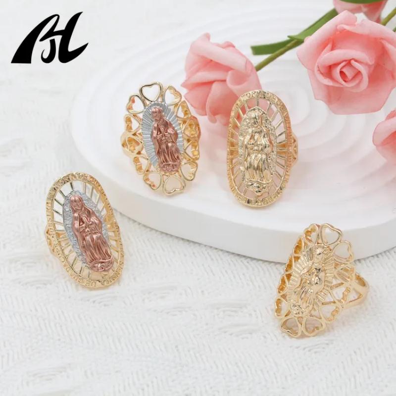 2023 The latest design of religious jewelry ring Oro Laminado Gold Plated 14k Virgin of Guadalupe Tricolor