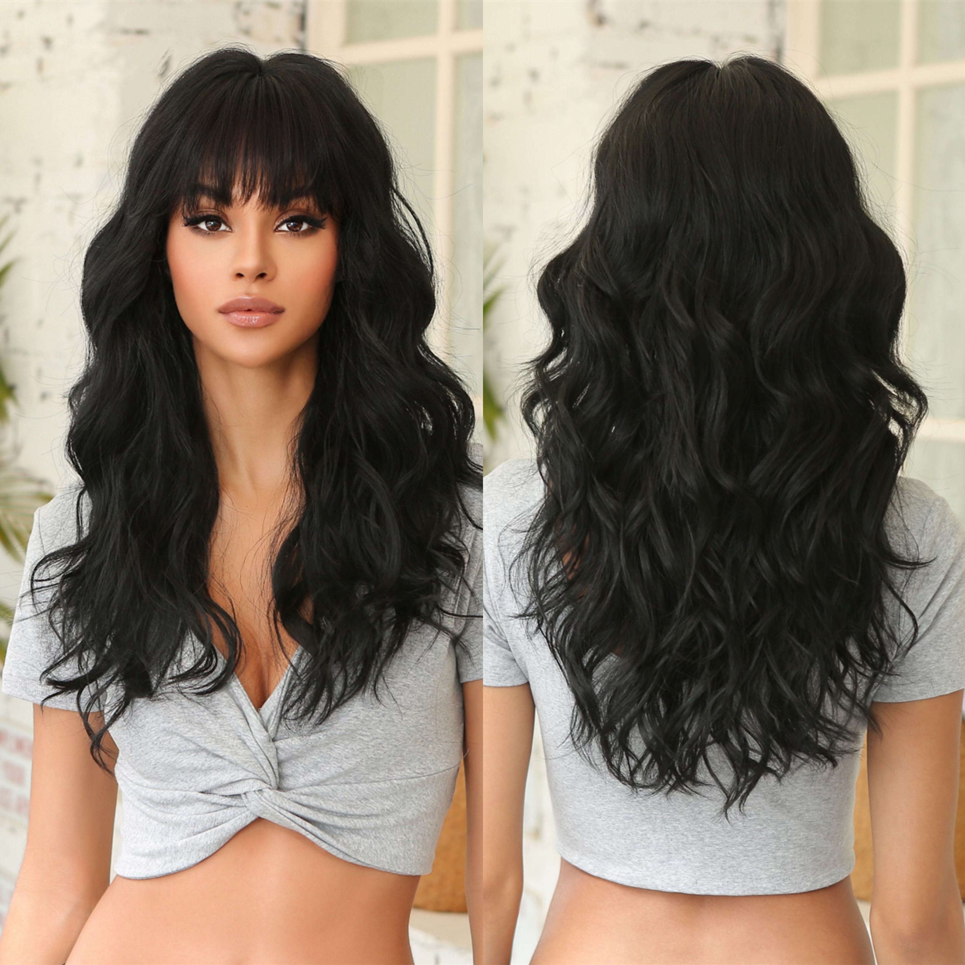La Sylphide Black Wig with Bangs Long Water Wavy Wigs for Women Party Wigs Cosplay Daily Use High Density Fiber Hair